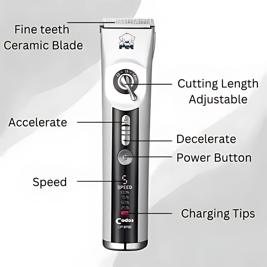 Codos CP-9700 Professional Pet Hair Trimmer with Ceramic Blade & LCD Display, 5 Speed Levels & Adjustable Lengths - Rechargeable Dog and Cats