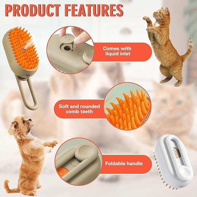 3-in-1 Steam Brush for Dogs & Cats | USB Rechargeable Pet Grooming Brush