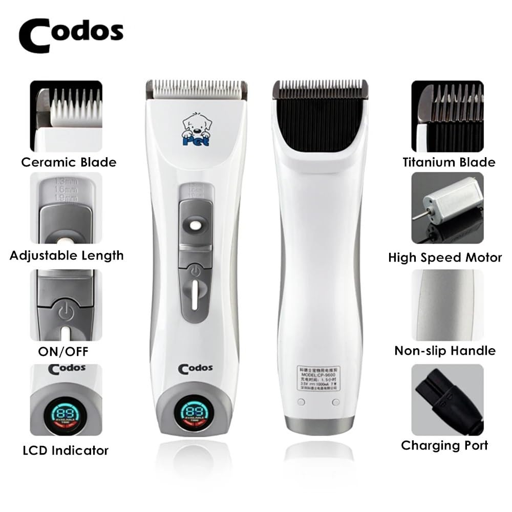 Unisex Codos CP-9600 Professional Dog Hair Trimmer Low Noise Rechargeable Cordless Electric Quiet Waterproof Hair Clippers Set for Dogs Cats