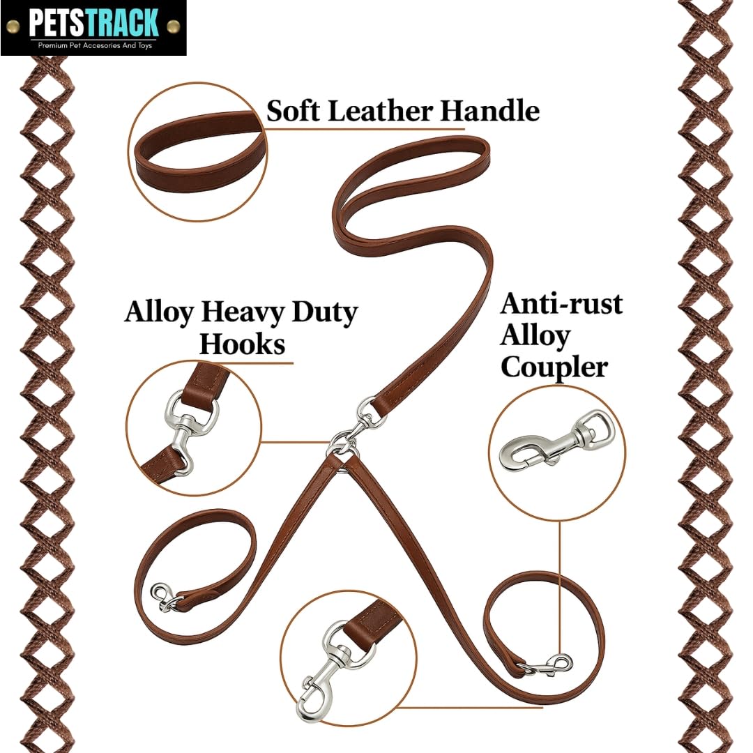 Petstrack Double Dog Leash – No Tangle Dual Dog Walking Leash with Padded Handle | Heavy Duty Leather 2 Dog Lead with Strong Metal Clips for Small Dogs