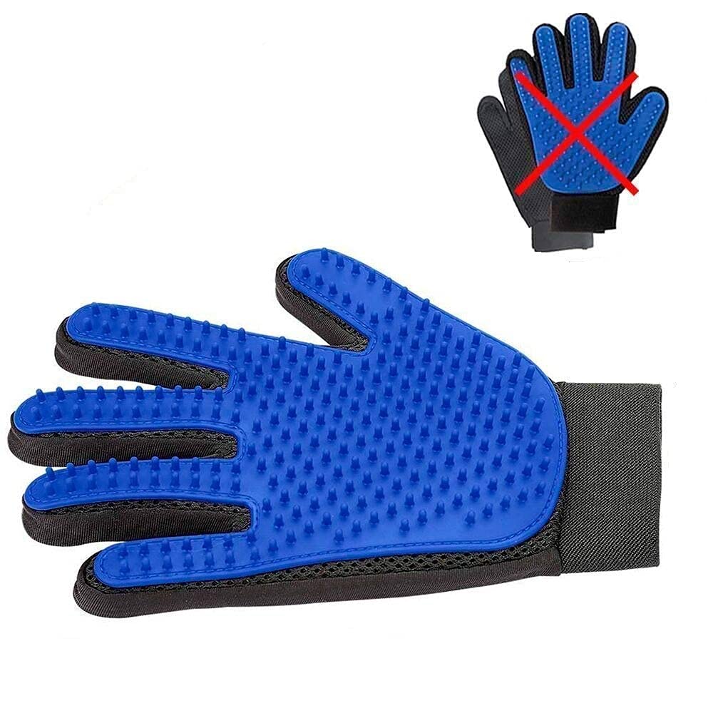 Blue hand glove for dog or cat grooming