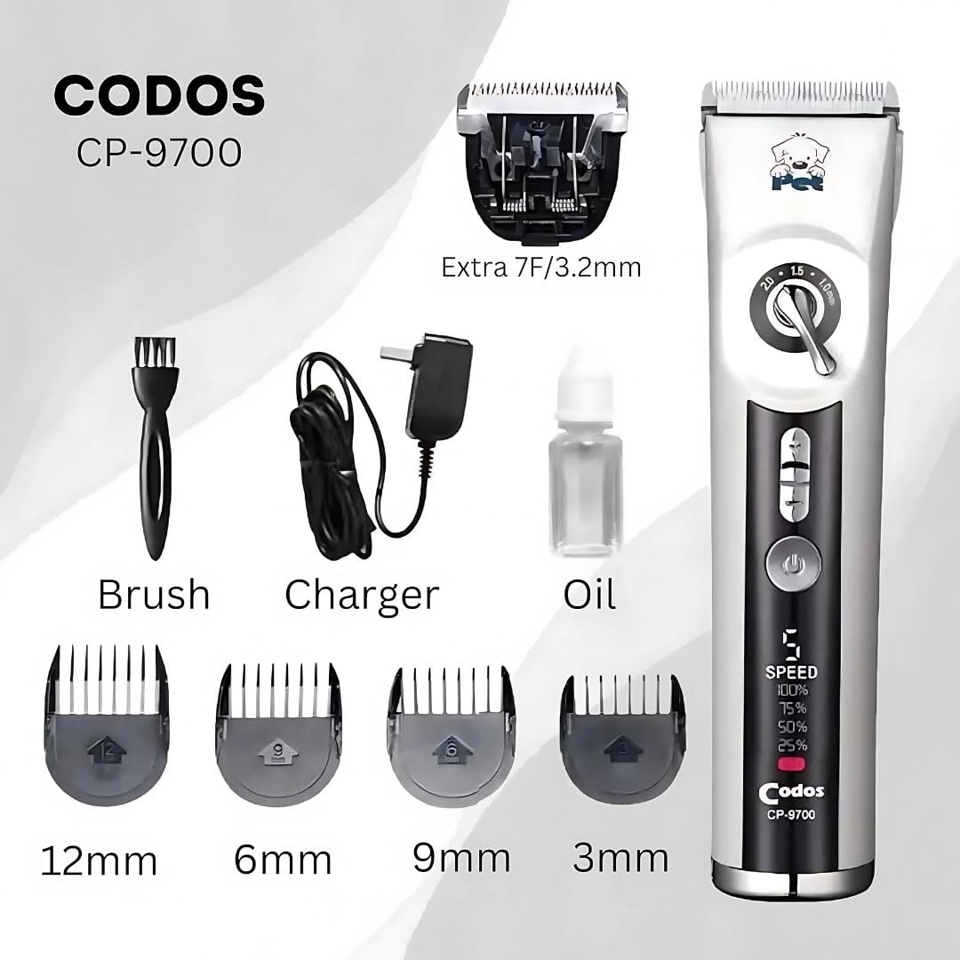 Codos CP-9700 Professional Pet Hair Trimmer with Ceramic Blade & LCD Display, 5 Speed Levels & Adjustable Lengths - Rechargeable Dog and Cats