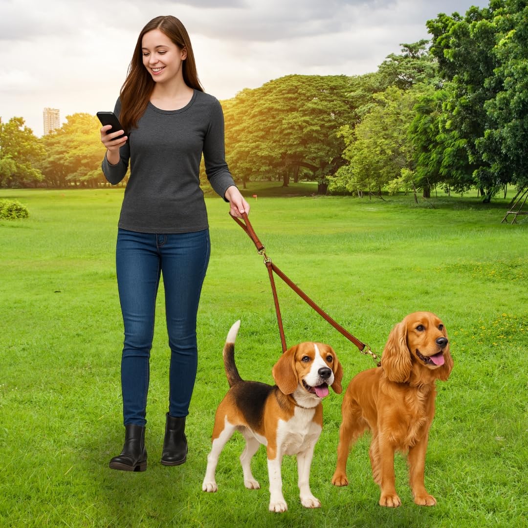 Petstrack Double Dog Leash – No Tangle Dual Dog Walking Leash with Padded Handle | Heavy Duty Leather 2 Dog Lead with Strong Metal Clips for Small Dogs