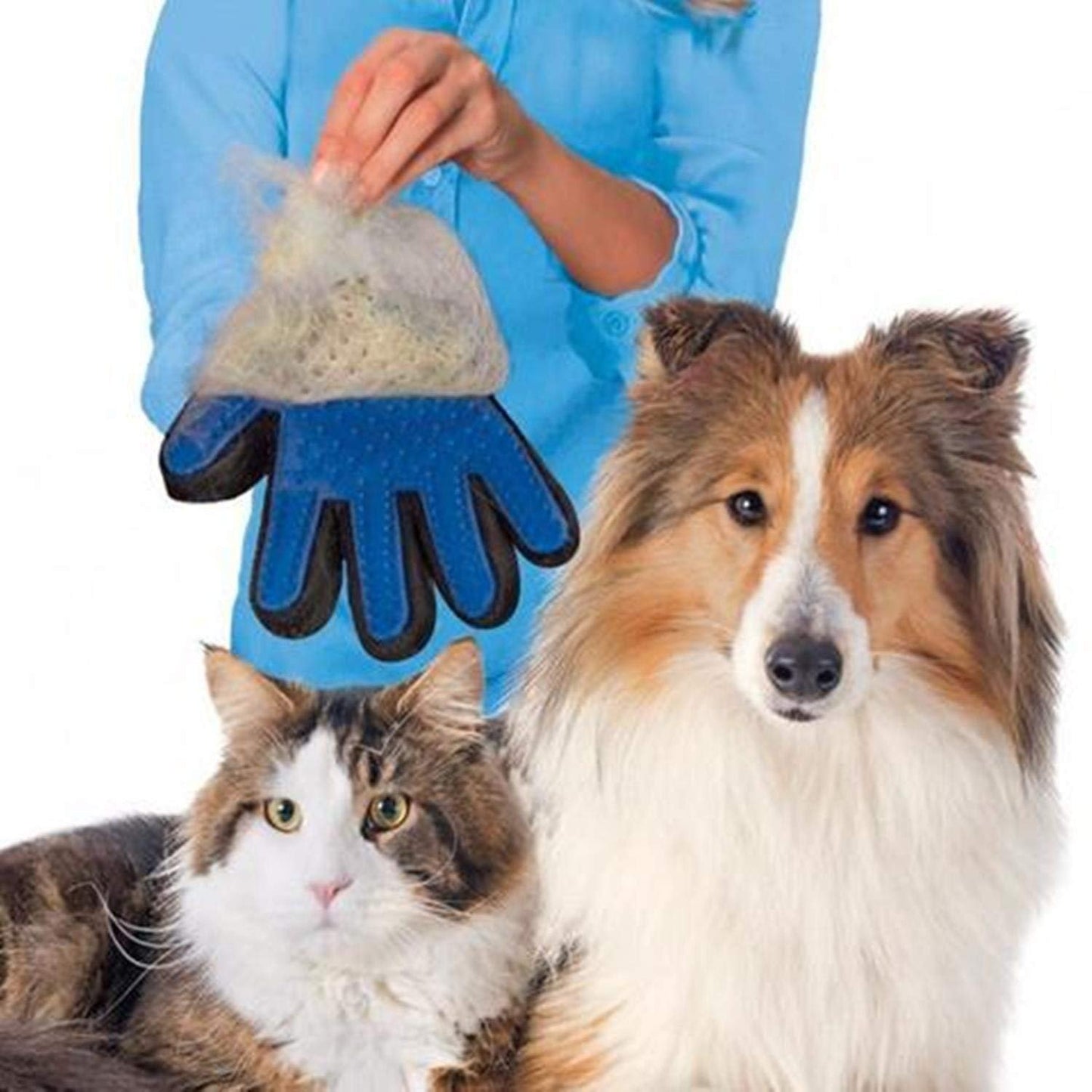 Blue hand glove for dog or cat grooming