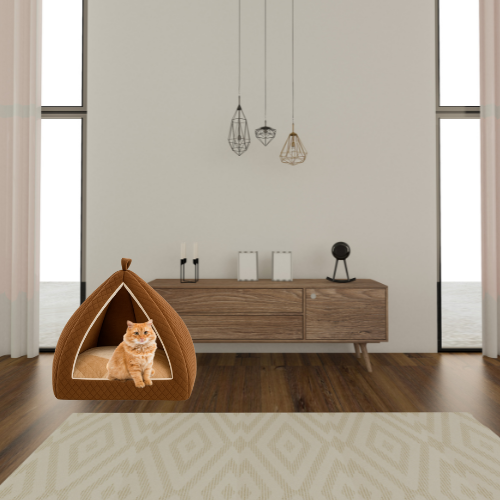 Cozy Plush Hut Bed for Cats & Small Puppies – Brown & Cream