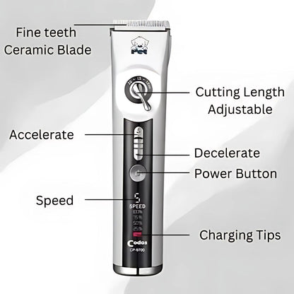 Codos CP-9700 Professional Pet Hair Trimmer with Ceramic Blade & LCD Display, 5 Speed Levels & Adjustable Lengths - Rechargeable Dog and Cats
