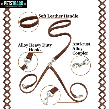 Petstrack Double Dog Leash – No Tangle Dual Dog Walking Leash with Padded Handle | Heavy Duty Leather 2 Dog Lead with Strong Metal Clips for Small Dogs