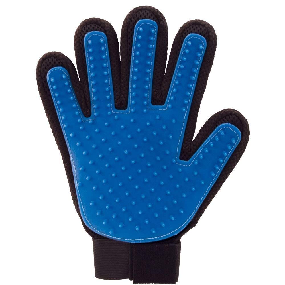 Blue hand glove for dog or cat grooming