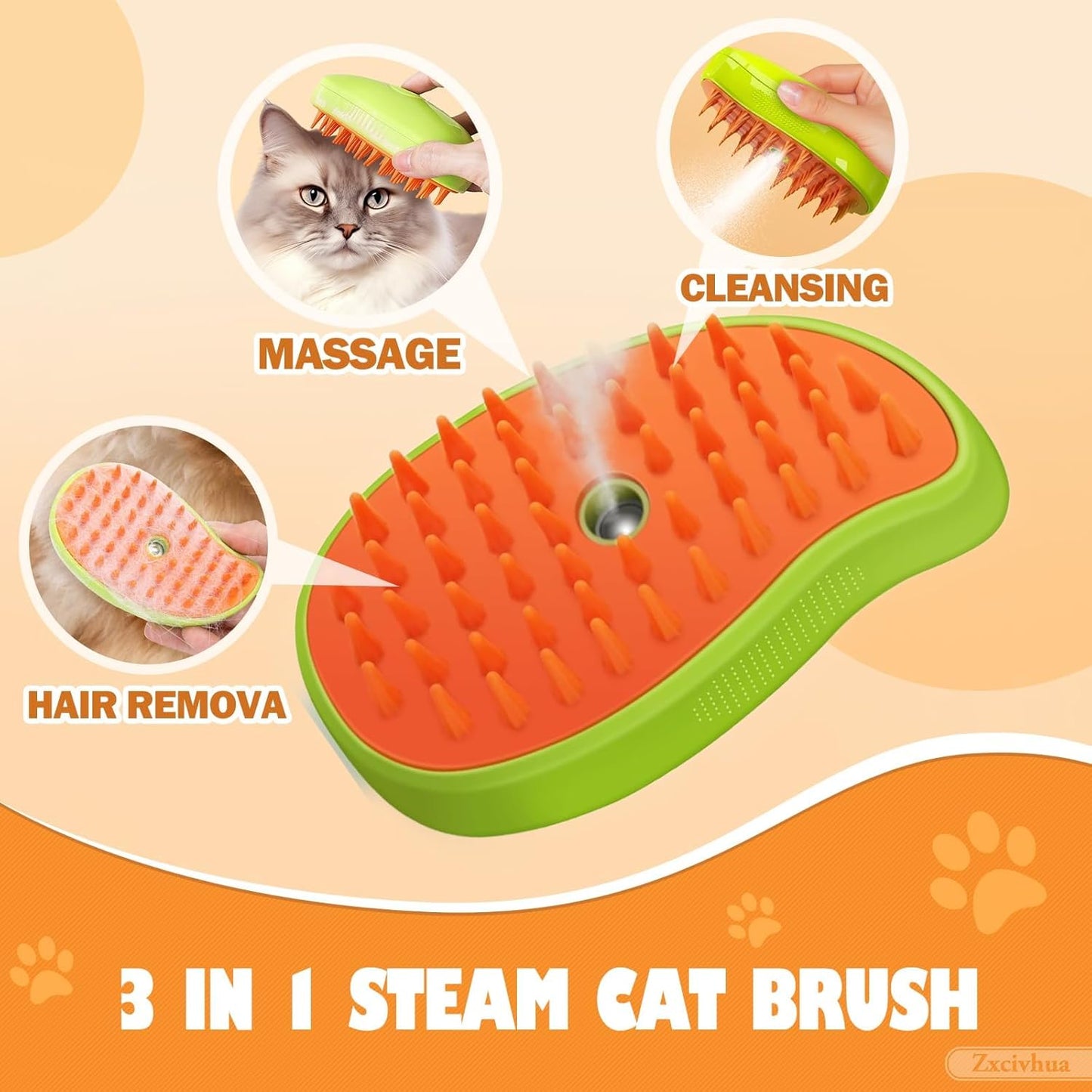 Cat Steam Brush,3 in 1 Silicone Massage Grooming Brush，Removing Tangled And Loose Hair, Pet Hair Cleaning Brush Comb(Mango Green)