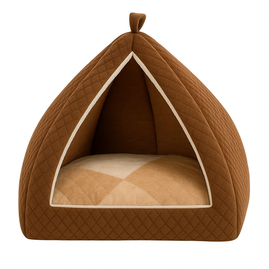 Cozy Plush Hut Bed for Cats & Small Puppies – Brown & Cream